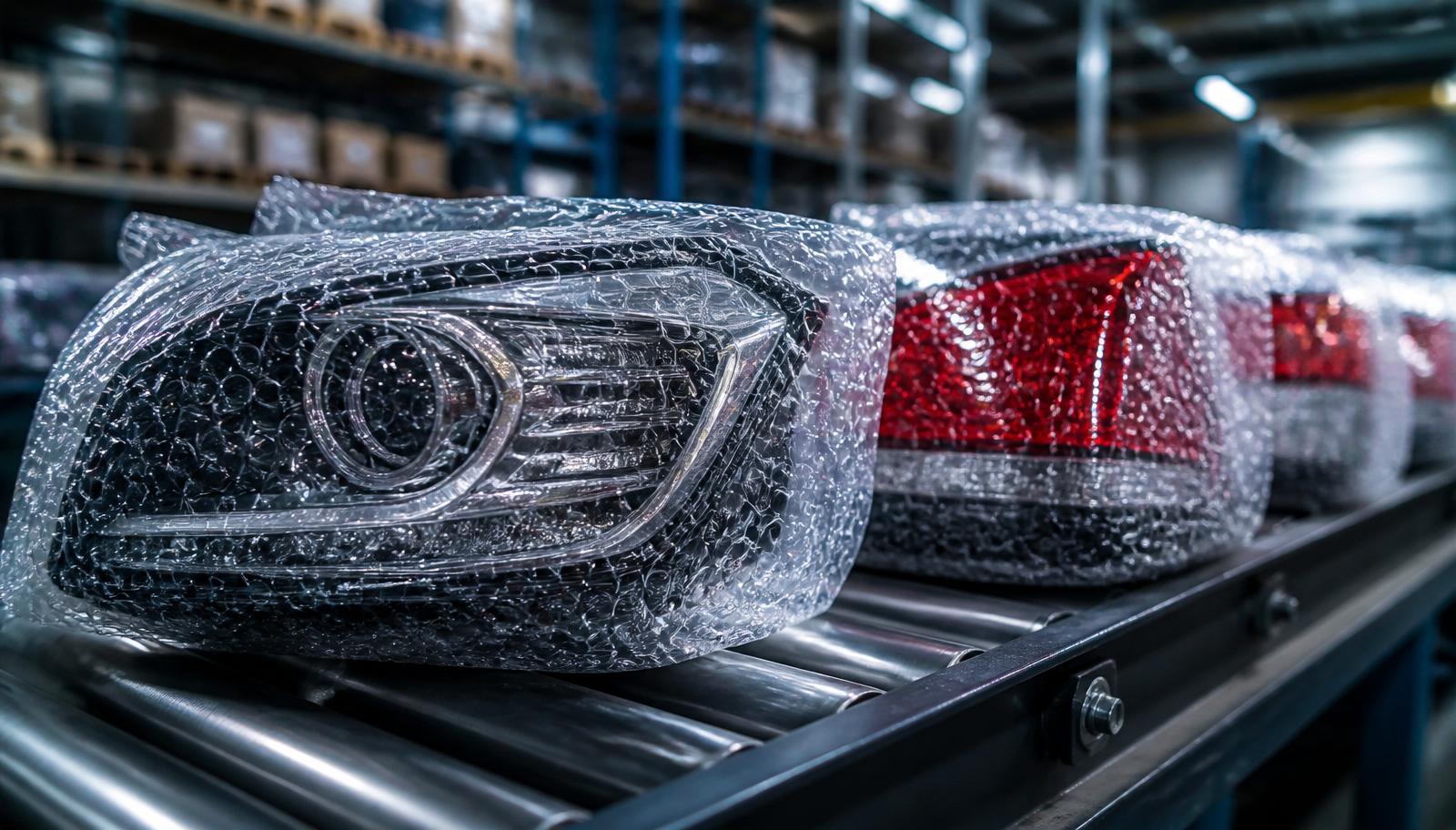 Faróis e lanternas automotivas protegidos com plástico bolha