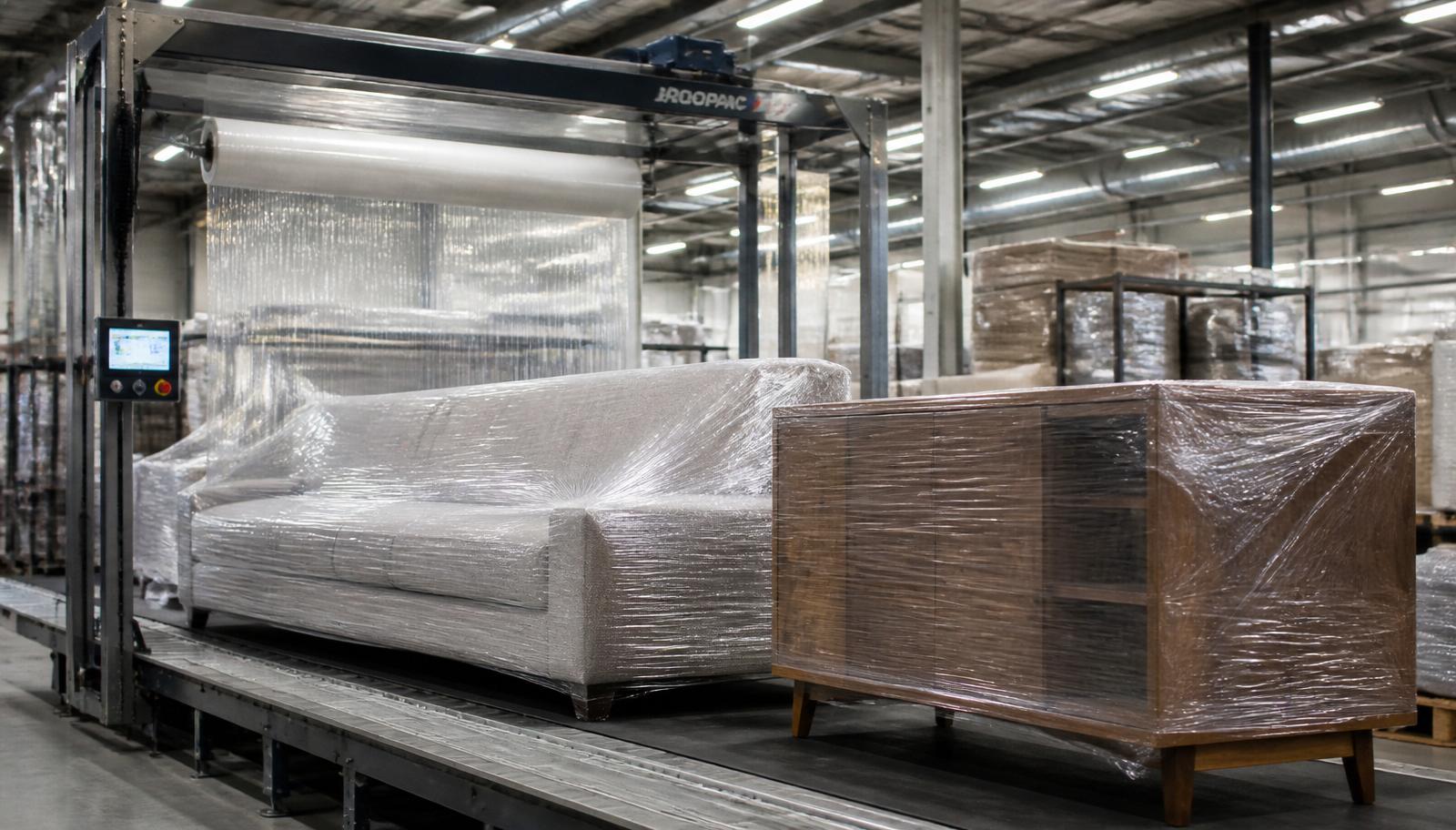 Móveis embalados com plástico bolha encolhível shrink na fábrica